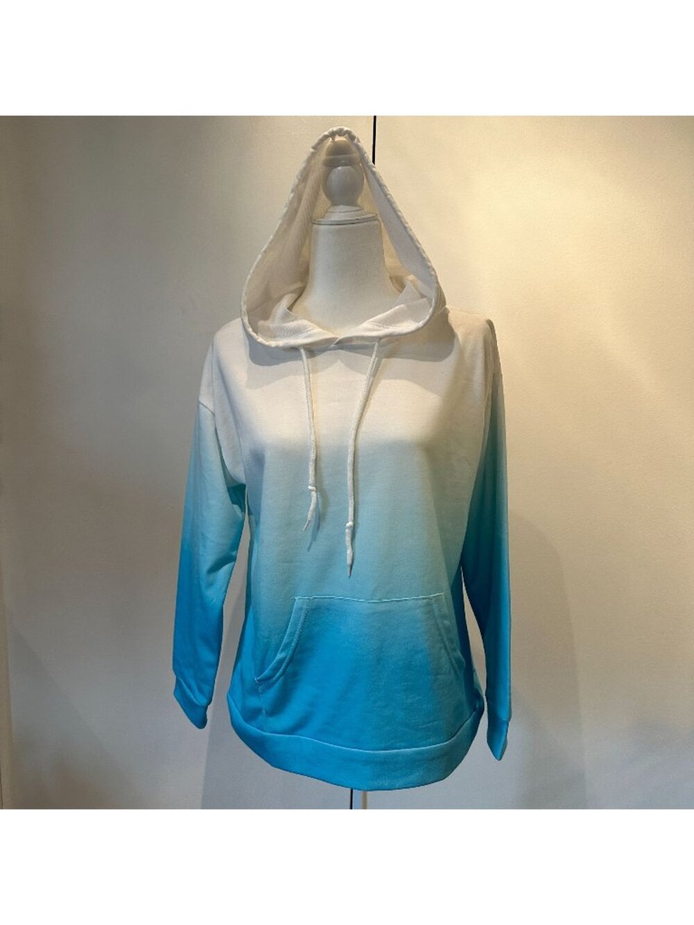 Ombre Blue & White Hooded Sweatshirt With Sun Graphic Back & Front Pocket M